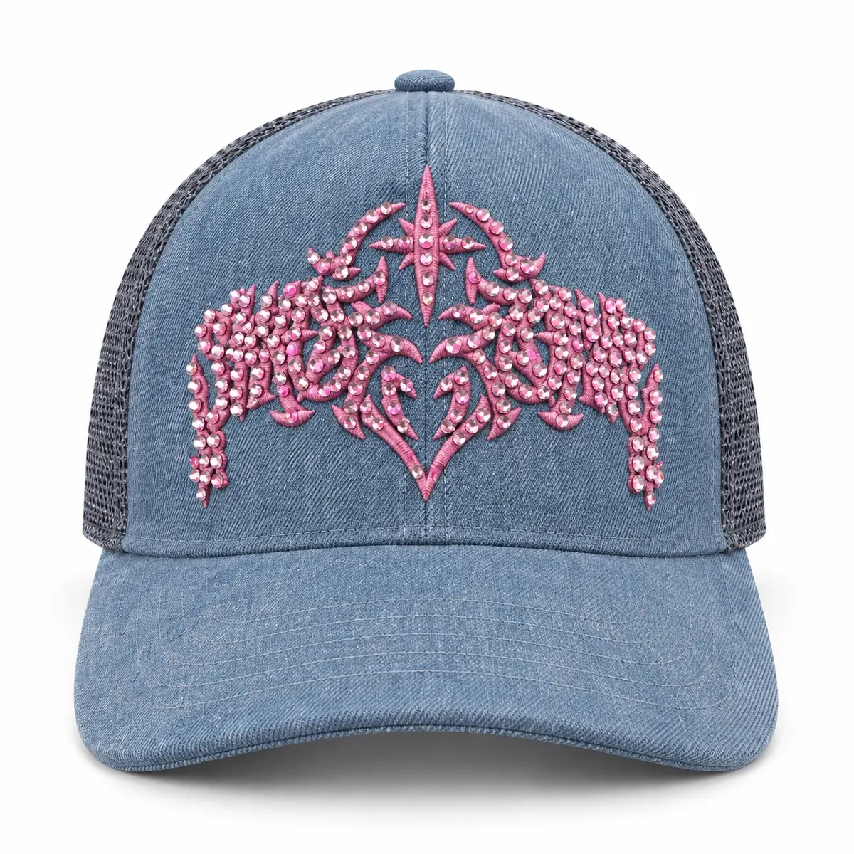 Gorra azul denim con logo y pedrería rosa