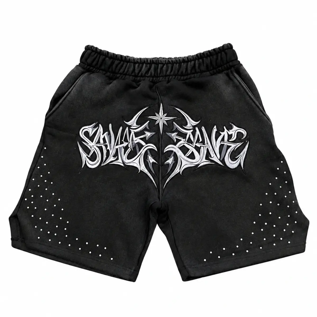 Pantaloneta negra con logo blanco y detalles de pedrería